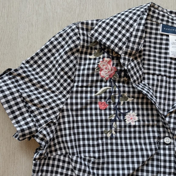 NWT Karen Scott Floral Embroidered Gingham Black&White Shirt Size M - Picture 9 of 13